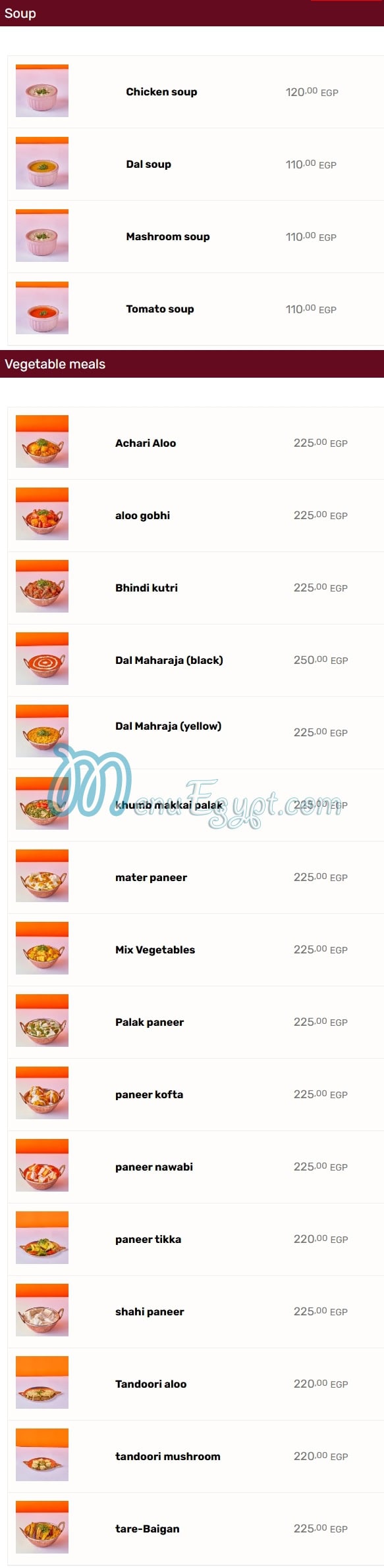 Maharaja menu page 9 - prices